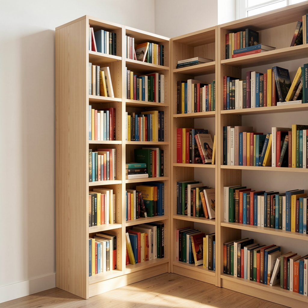 Biblioteca compacta de madera clara con estantes ordenados en un rincón luminoso sin personas