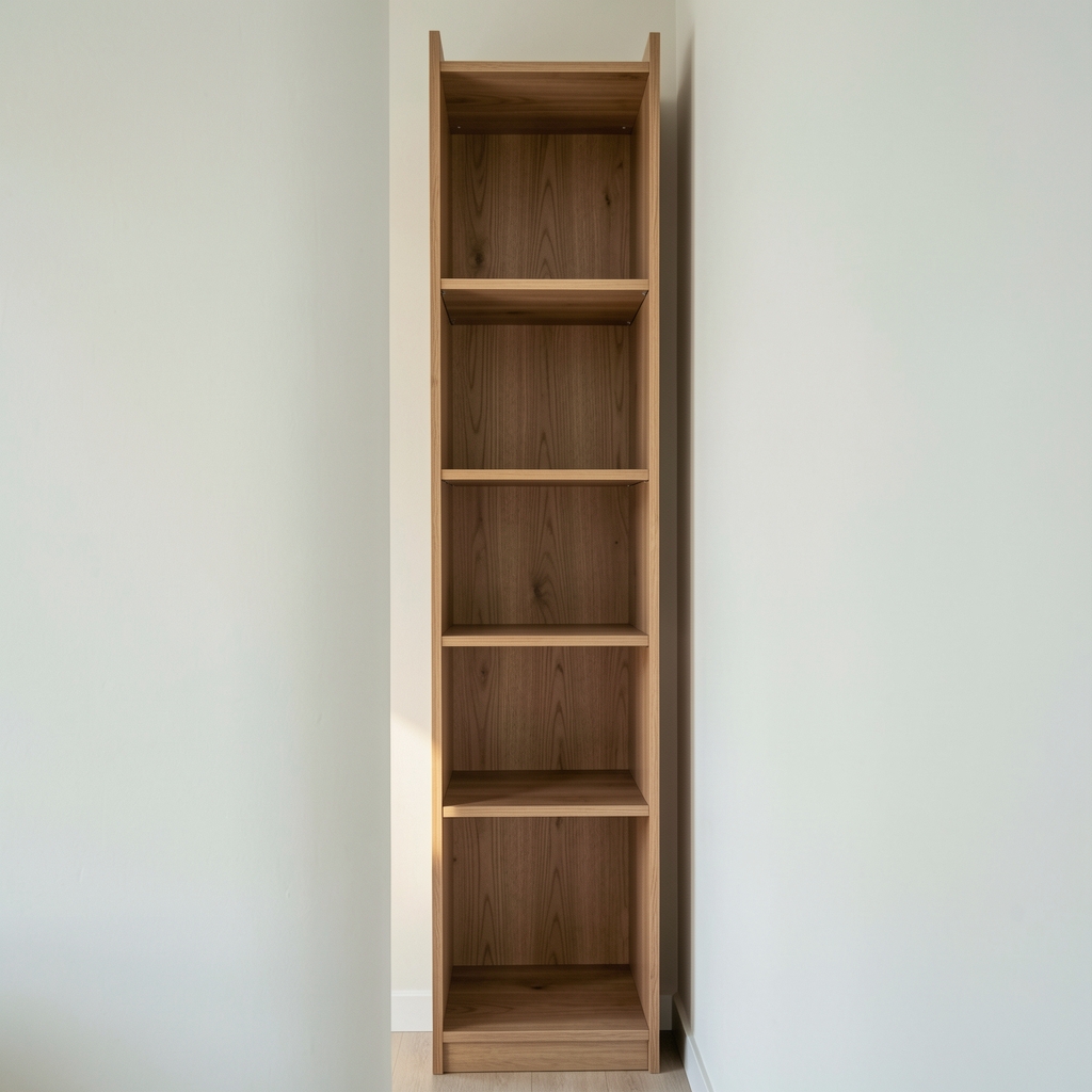 Estantería angosta de madera medida junto a una pared clara sin personas