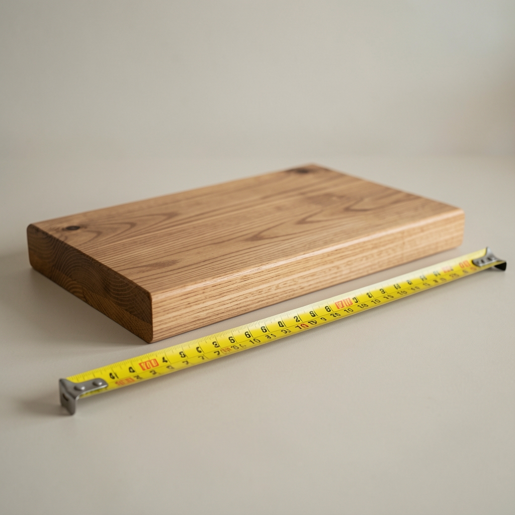 Repisa de madera junto a una cinta métrica sobre mesa neutra sin manos ni personas