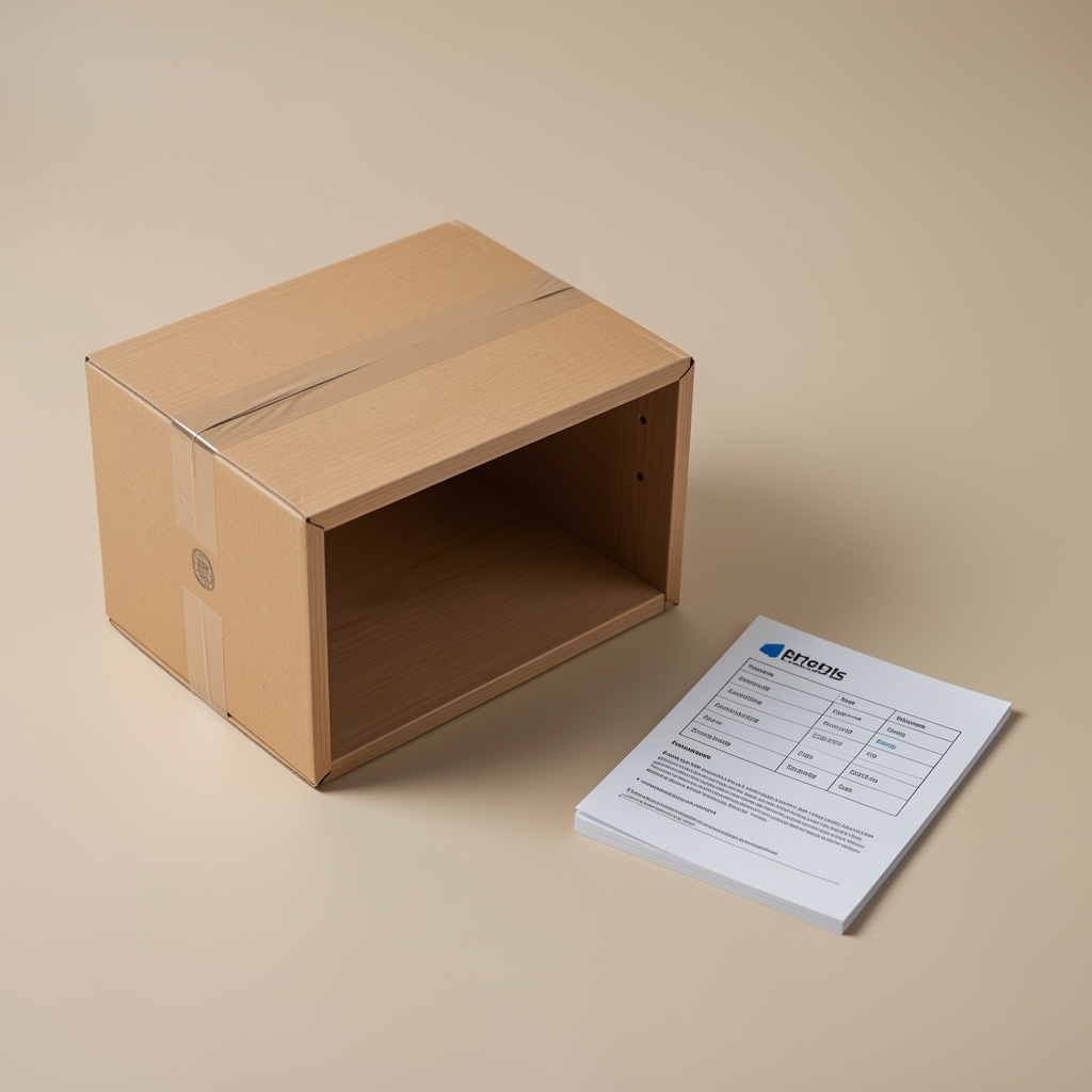Detalle de estante compacto embalado junto a una ficha de control sobre superficie neutra sin personas