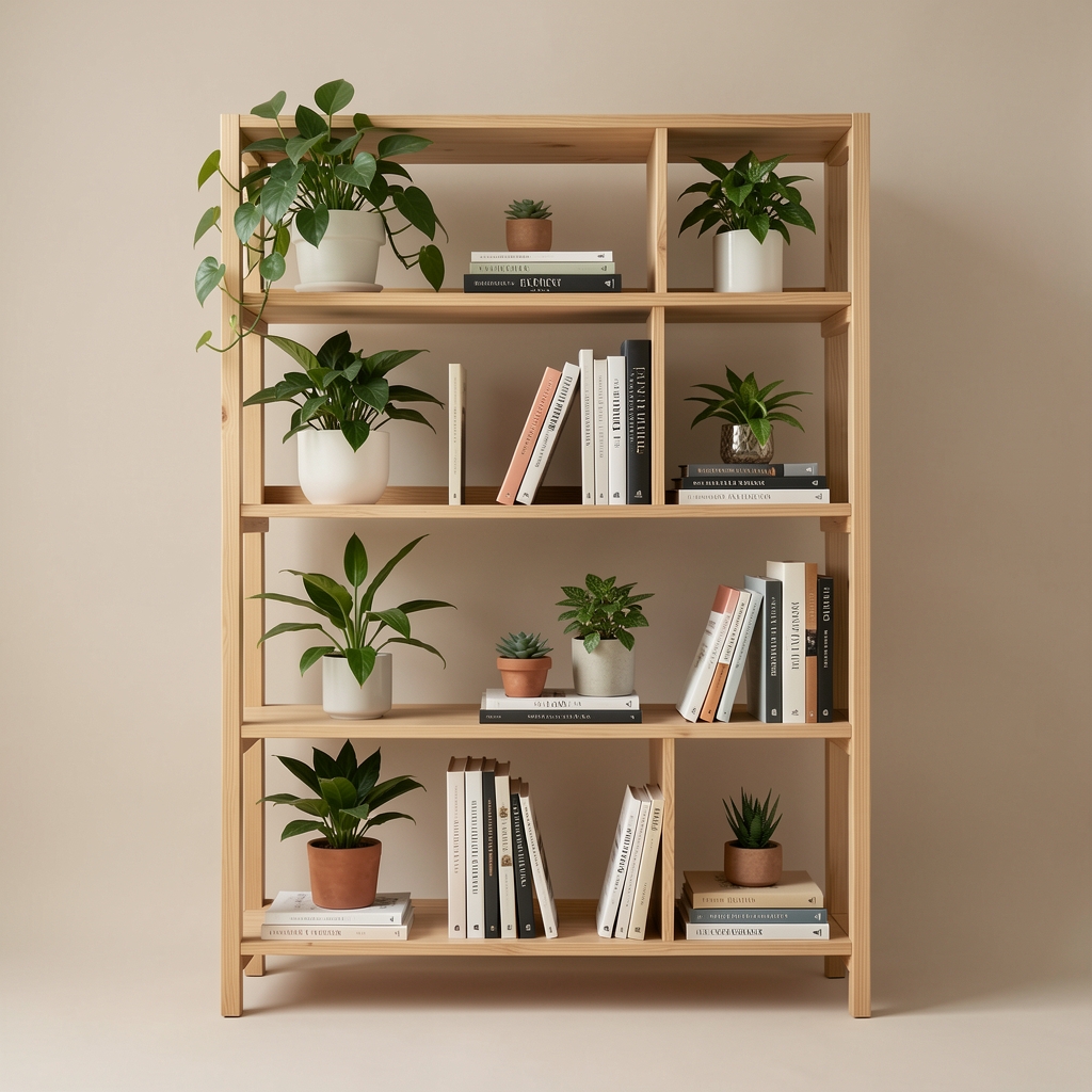 Estante modular estrecho de madera natural con plantas y libros sobre fondo neutro sin personas