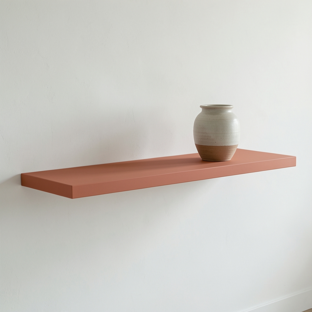 Repisa flotante larga color terracota suave con jarrón cerámico sobre pared clara sin personas