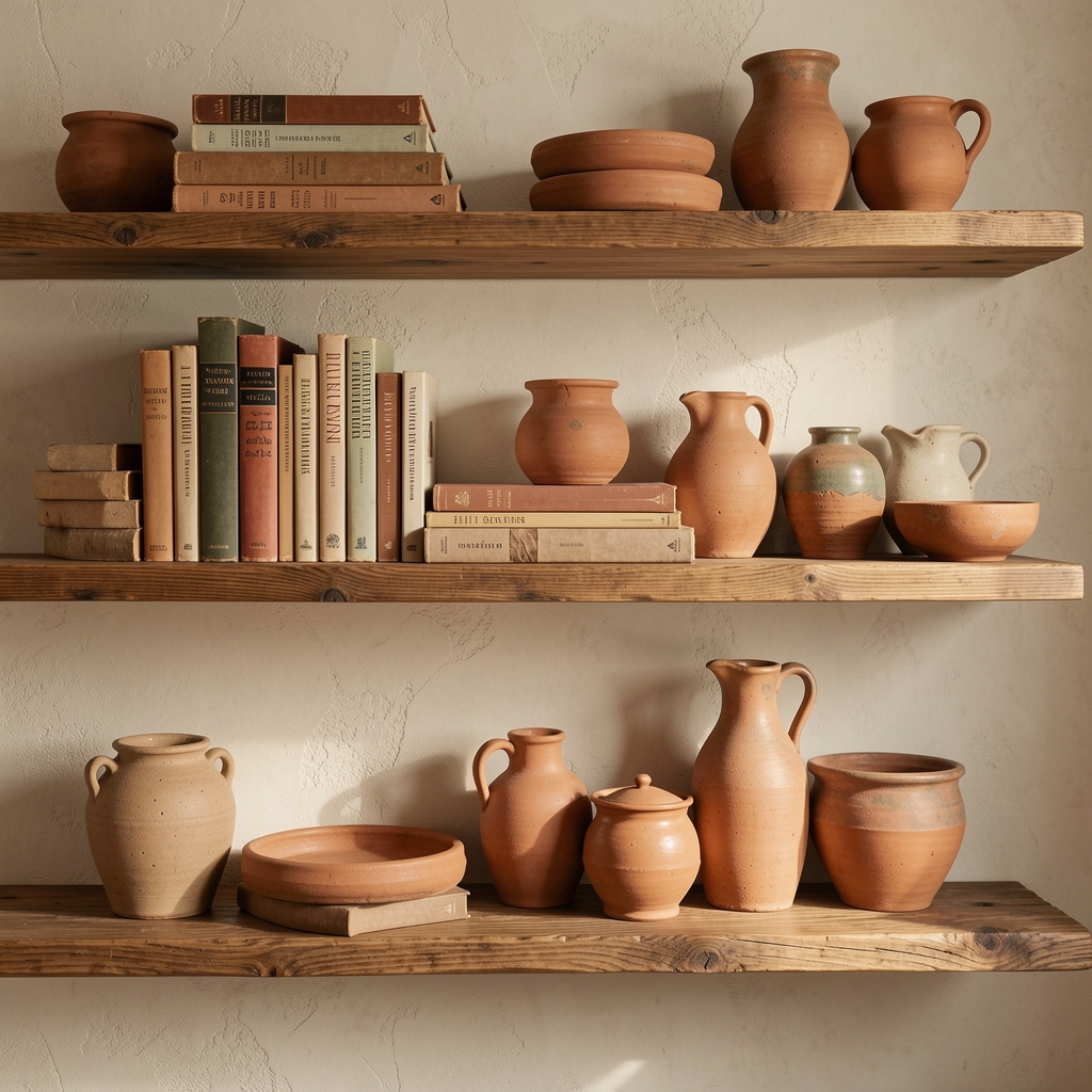 Composición de repisas de pared en madera y terracota con libros y cerámicas sin personas