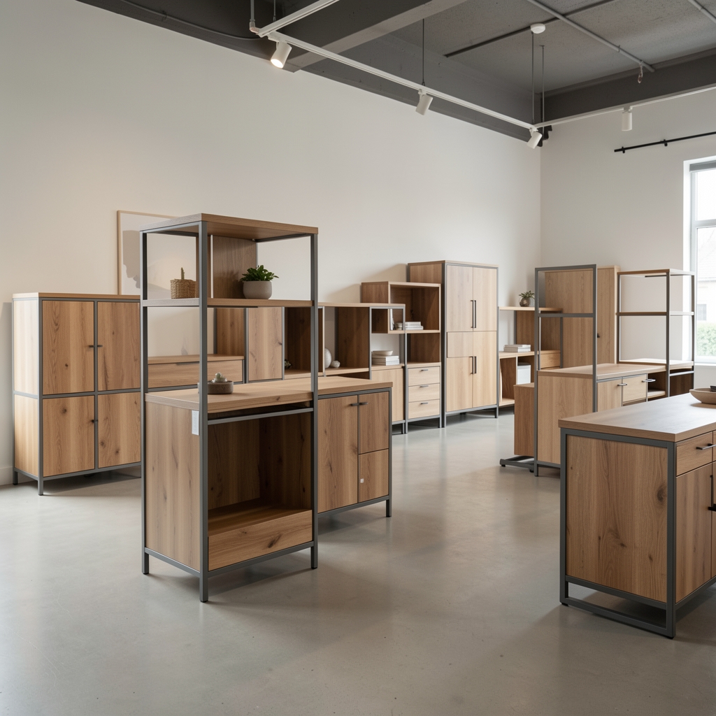 Ambiente de showroom con muebles compactos de madera y metal ordenados sin personas